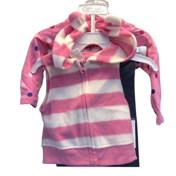 Cutie pie 3 piece long sleeve/hooded vest outfit, pink/white/blue, 12 M. - Picture 3 of 11